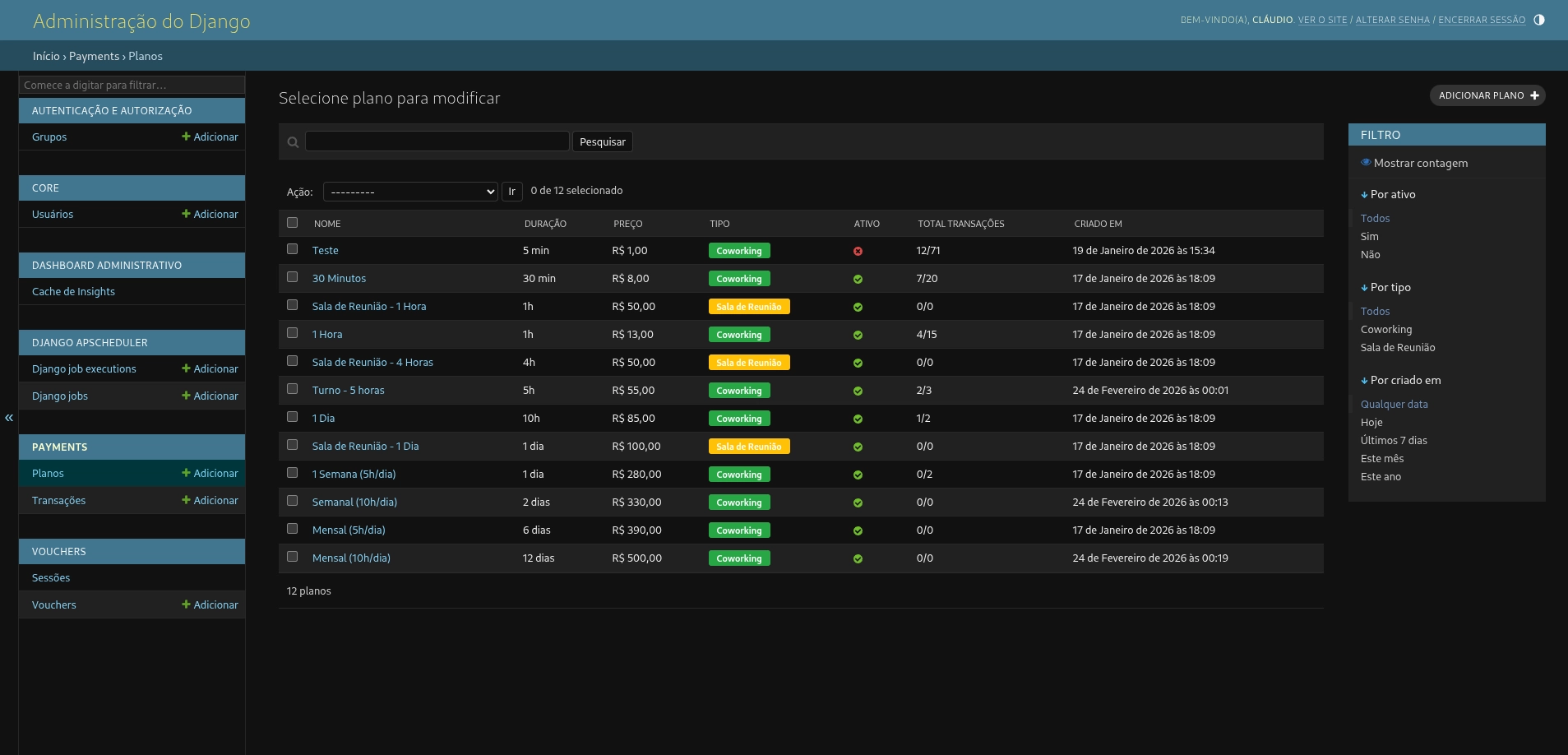 Painel administrativo